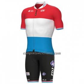 Completo Maglia + Pantaloncino con bretelle Groupama FDJ Campione Del Lussemburgo Manica Corta Bianco Blu Rosso